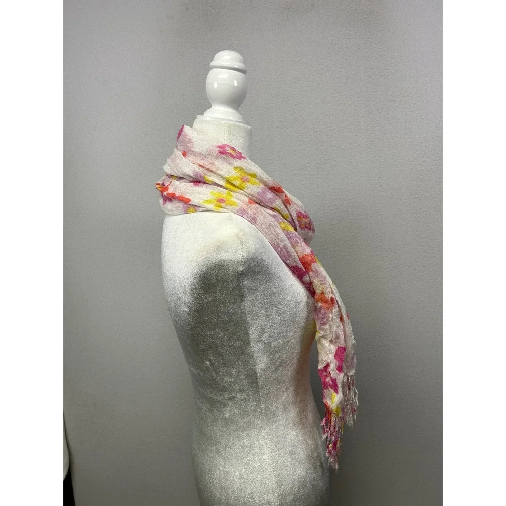 Cottagecore Airy Women OS White‎ Pink Floral Gauze Fringe Scarf Wrap